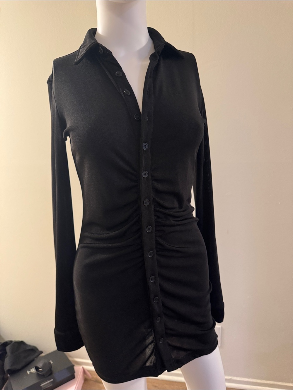 Black Long Sleeve Ruched Button-Up Dress